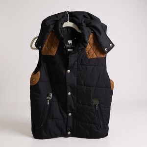 American Stitch Men Black Puffer Hooded Vest Quilted Suede Accents Size‎ M